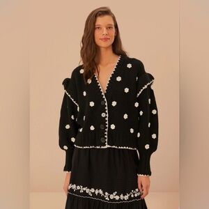 Farm Rio Black And White Flowers Knit Cardigan